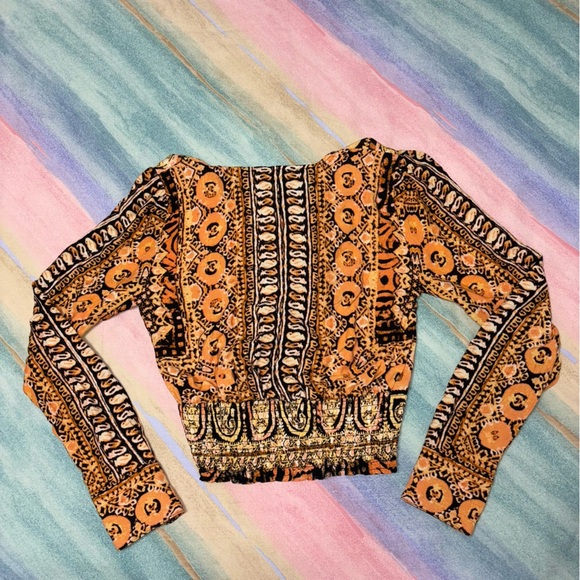 Free People Boho Top Smocked Cropped Long Sleeves, Black Orange Size XS - Picture 7 of 10